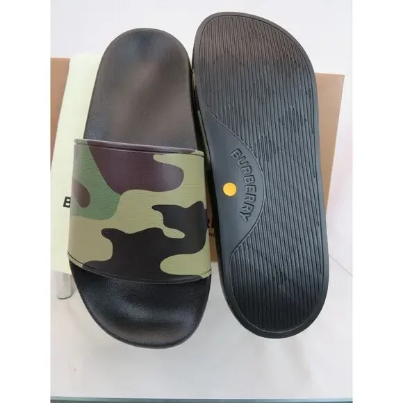 BURBERRY FURLEY GREEN RUBBER CAMOUFLAGE LETTERING LOGO SANDAL SLIDES 44 US 11
